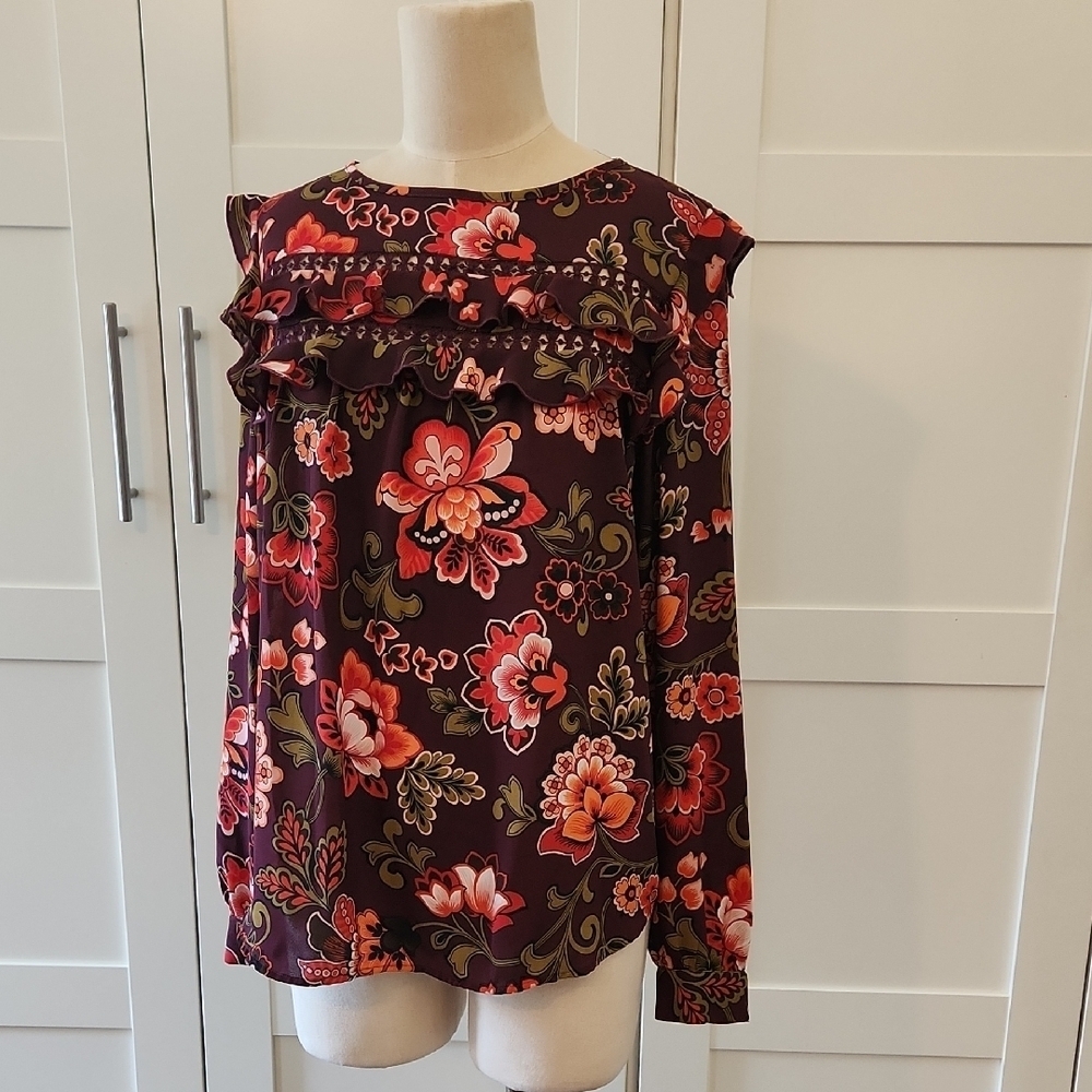 LOFT Floral Ruffle Blouse Red and Green Size Small EUC